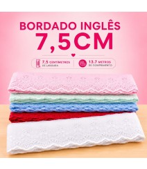 Bordado Inglês 7,5cm Peça com 13,7 metros - Lese Bico Tira Bordada - Poliéster Algodão