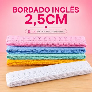 Bordado Inglês 2,5cm Liso Peça com 13,7 metros - Lese Bico Tira Bordada - Poliéster Algodão
