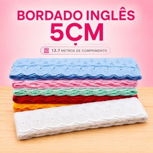 Bordado Inglês 5cm Bicolor Peça com 13,7 metros - Lese Bico Tira Bordada - Poliéster Algodão