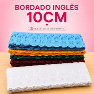 Bordado Inglês 10,0cm Peça com 13,7 metros - Lese Bico Tira Bordada - Poliéster Algodão