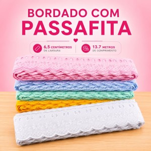 Passafita 2,5cm Peça com 13,7 metros - Lese Bico Tira Bordada - Poliéster Algodão