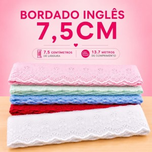 Bordado Inglês 7,5cm Peça com 13,7 metros - Lese Bico Tira Bordada - Poliéster Algodão